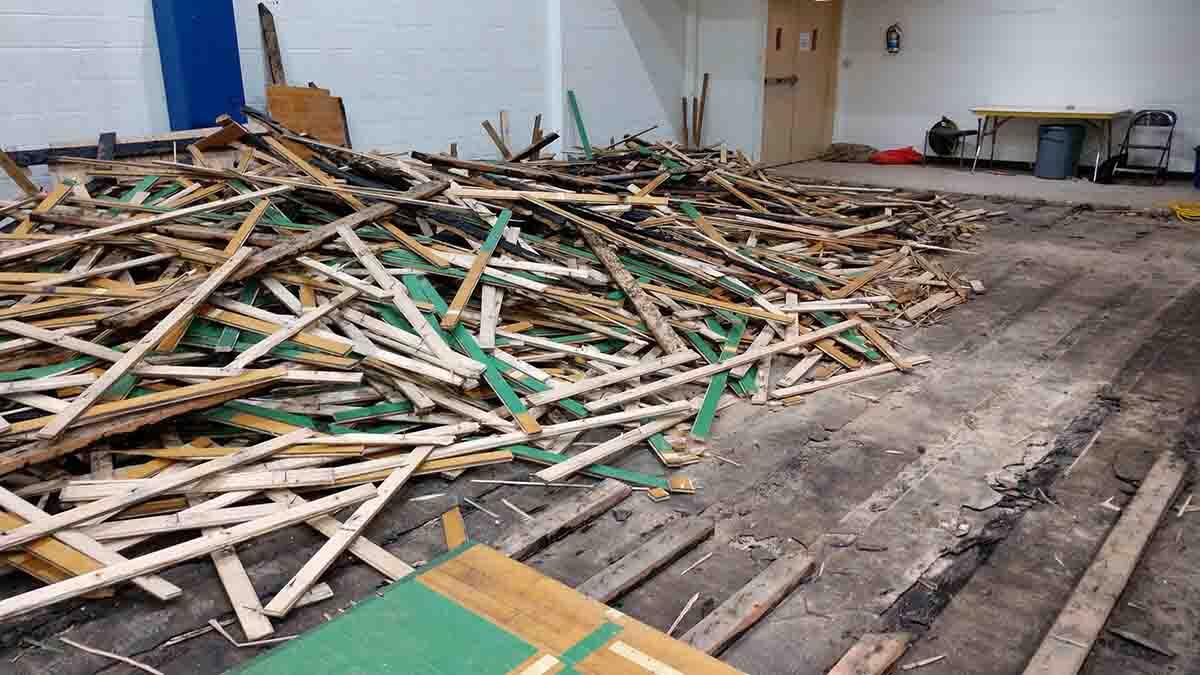 Hardwood floor being removed