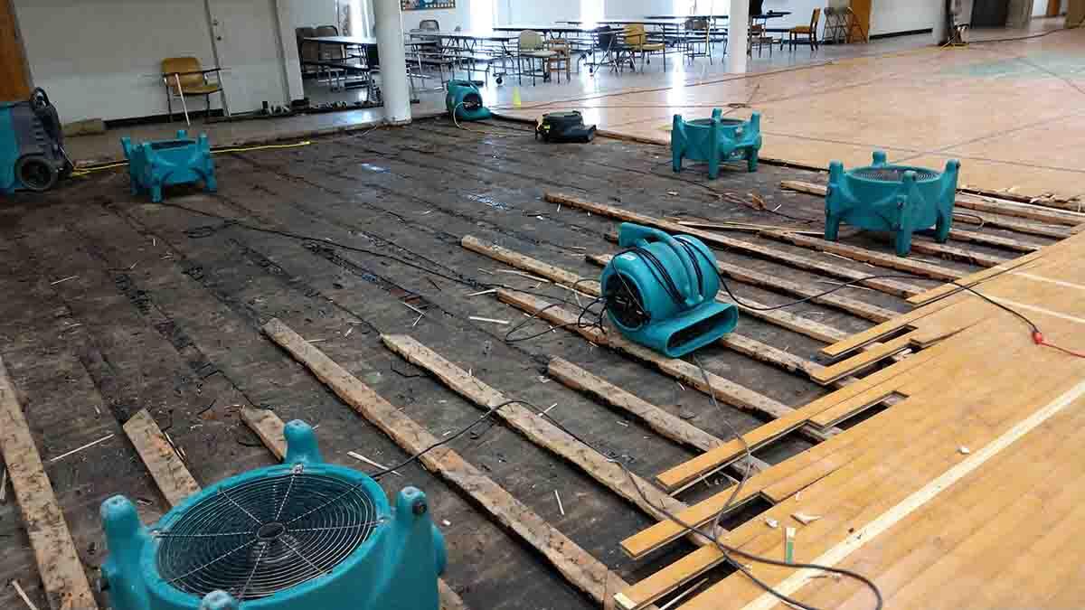 Following the roof leak, fans were used to dry the gym at First Mexican Baptist Church