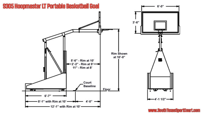 Side and Front Schematic of 9305 Hoopmaster LT Portable Basketball Goal