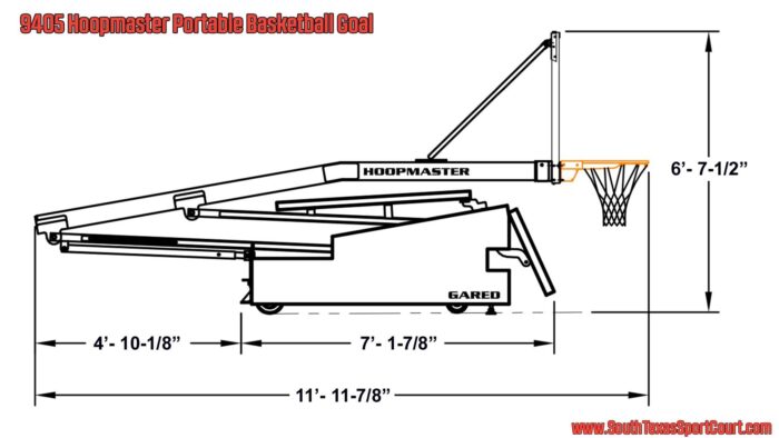 Schematic showing side view of Hoopmaster Portable Basketball Goal 9405 in storage position.