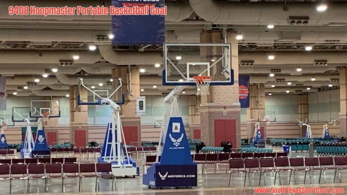 Convention center with several Hoopmaster Portable Basketball Goal 9405 for tournament