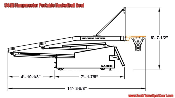 Schematic of Hoopmaster Portable Basketball Goal 9405 in storage position