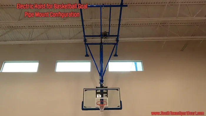 Electric Hoist for Basketball Goals Showing Pipe Mount for Ceiling Mounted Goal